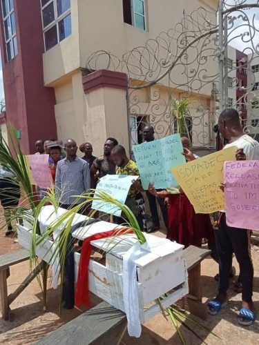 Staff protest with casket in Imo State